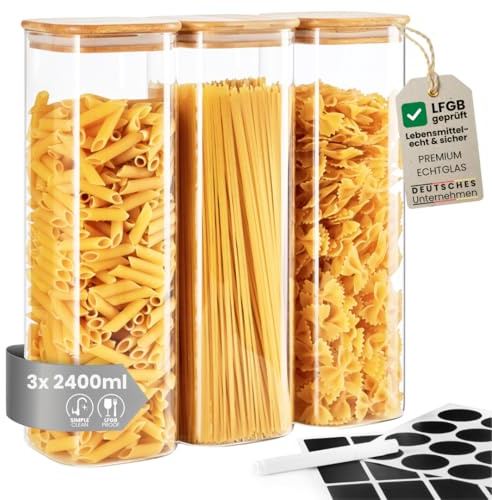 KIMIJO Vorratsgläser 3er Set - 3x 2400 - eckig, luftdicht & stapelbar - LFGB geprüft & BPA-Frei - XXL Borosilikatglas mit Bambusdeckel - Glasbehälter für Küche, Spaghetti, Snacks & Großvorrat
