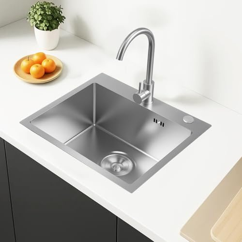 Trintion Küchenspüle Edelstahl 50×45×20 cm, Spülbecken Küche mit Hahnlöchern, Einbauspüle inkl. Ablaufgarnitur, Siphon & Siebeinsatz, für Küchenunterschrank, 1 Becken, Silber