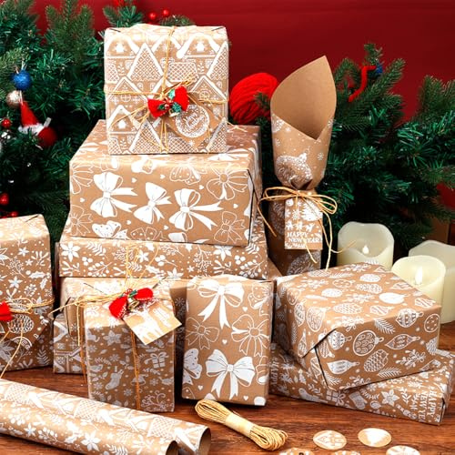 5 pezzi di carta da regalo natalizia, set di carta regalo di Natale, carta da regalo americana, regalo di carta da imballaggio americana, carta kraft nostalgica, riciclaggio naturale sostenibile (B)