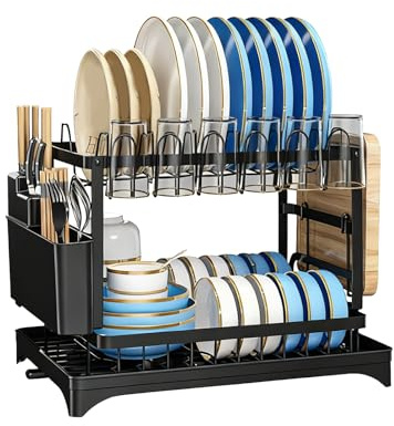 Genérico - Cocina de Doble Capa con escurridor - Organizador de encimera Grande de Acero al Carbono con Soporte para Cubiertos para tazones, Platos, Tazas y vajilla