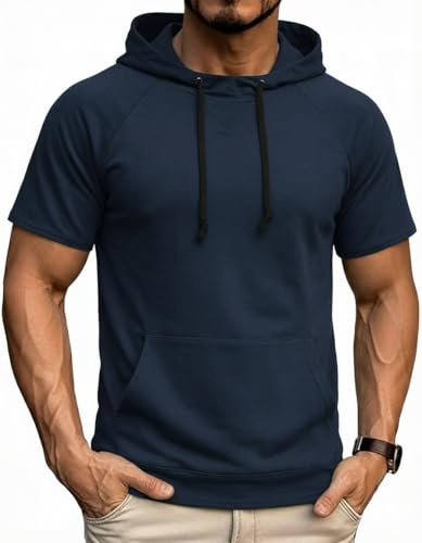 COOFANDY Felpa Uomo con Cappuccio Manica Corta Hoodie Oversize Leggero per Palestra e Tempo Libero T-Shirt Sportiva con Tasca a Marsupio Blu Viola 3XL
