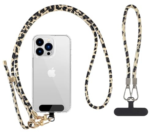 Reownest Handykette Universal zum Umhängen, Handy-Halsband mit 2 Patches, Leder Handy Lanyard mit Leopardenmuster, Handy-Handgelenkband Kompatibel mit den meisten Smartphones, Khaki