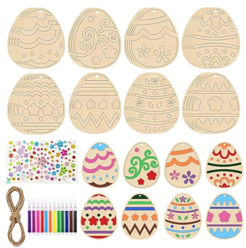 Ajsdvog Easter Wooden Egg Crafts DIY Eggs Hanging Set, Wooden Craft and Ornament kit, for Easter Party Supplies Painting Arts Crafts Spring Home Garden Decorations (36 Sets)