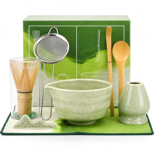 Matcha Whisk Set 8Pcs,Ceramics Matcha Tea Kit,Matcha Set Includes Bamboo Whisk, Ceramic Matcha Bowl, Whisk Holder, Scoop, Sifter, Matcha Kit with Spoon, Mat & Whisk Storage Tube,Japanese Style(Green)