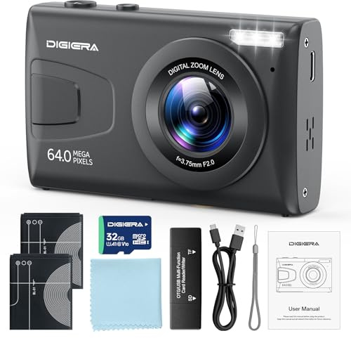 DIGIERA 4K Digital Camera, 64MP UHD Compact Portable Photo Camera for Boys and Girls, 18X Zoom 2.4 Inch IPS LCD Screen Vlogging Camera for Teens Students Beginners with 32GB SD Card, Anti-Shake,Black