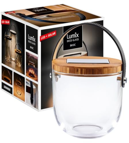 LUMIX Deco Glass von KRINNER LED Solarleuchte Tischleuchte Leuchtglas Solarlaterne Mungeblasen mit Solarpabel Warmweißes Licht Bambusdeckel