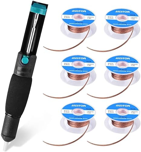 AUSTOR Desoldering Sucker and 6 Pcs Solder Braid Wick (2.0mm/2.5mm/3.0mm Width, 1.5m Length) with Flux - Desoldering Vacuum Pump Solder Removal Tool