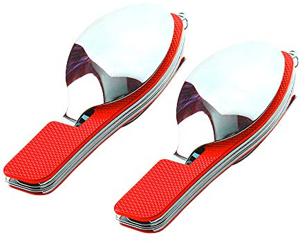 QitinDasen Lot de 2 couverts de camping 4 en 1 - Couverts pliants en acier inoxydable - Pour l'extérieur - Couteau, fourchette, cuillère, décapsuleur (rouge)