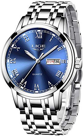 LIGE Montre Homme, Montres Bracelet Analogique à Quartz, Acier Inoxydable Etanche 3ATM, Fonction Calendrier, Aiguilles Lumineuses Affichage, Mode Assortissement Business Décontracté, Bleu