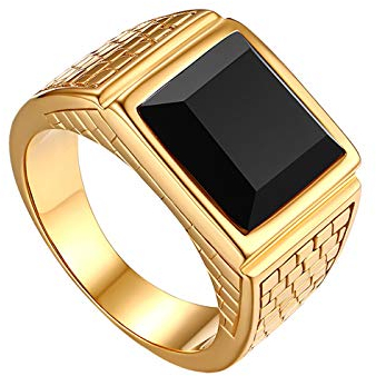 JewelryWe Schmuck Herren-Ring Edelstahl Glas Quadrat Siegelring Bandring Hochzeit Engagement Verlobung Ringe mit Gravur Gold Schwarz, Größe 65