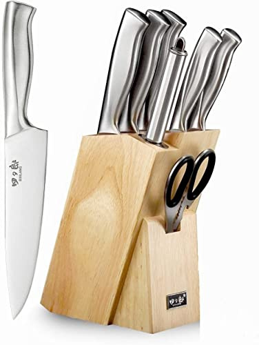 SIXILANG Juego de cuchillos, 8 piezas de acero inoxidable alemán, mango hueco, afilador de cuchillos de cocina forjados, juego de cuchillos de cocina con bloque de madera de roble de regalo