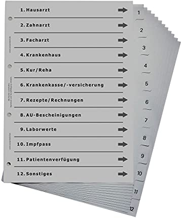 Ordnerregister für Arzt und Gesundheit, durchdachtes Register für DIN A4 Ordner, Gesundheitsordner für alle wichtigen Unterlagen, lichtgrau