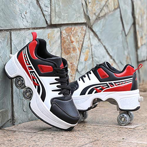 HUOQILIN Rollschuhe Damen/Mädchen/Kinder,Skateboards Schuhe Mit Rollen,2 In 1 Inline Skates,Verstellbare Quad Skate Rollerskates,Laufschuhe Sneakers Für Unisex,Red-EU39