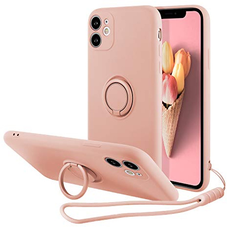 UEEBAI Case for iPhone 11 6.1 inch, Ultra Slim TPU Shockproof Case Liquid Silicone Case Rotatable Ring Holder Kickstand with Magnetic Car Mount Gel Rubber Cover Wrist Strap for iPhone 11 - Pink