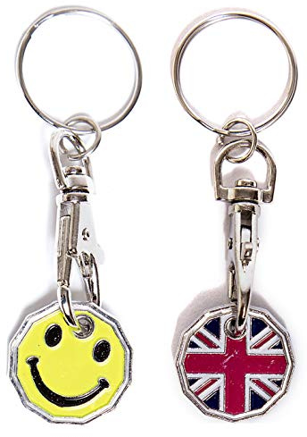 UK Phoenix Trolley Token New £1 Coin Shape 12 Sided Shopping Cart Key Ring Release Shop Locker Keychain (Smiley & Union Jack)