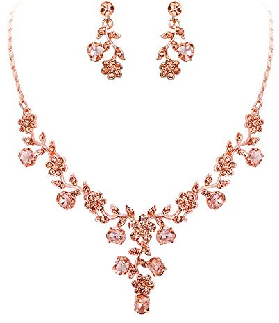 EVER FAITH Damen Schmuckset österreichische Kristall Hochzeits Blatt Weinlese Halsketten Ohrringe Schmuck Set Champagner-Rose Gold-Ton