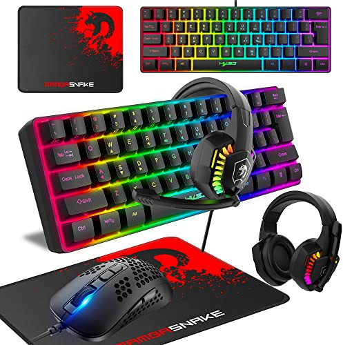 60% Teclado Compacto para Juegos con Cable,61 Teclas, 11 Efectos de retroiluminación RGB con Teclas Completas Anti-ghosting + ratón Ligero con 2400 dpi Mouse +Auricular RGB + Alfombrilla de ratón