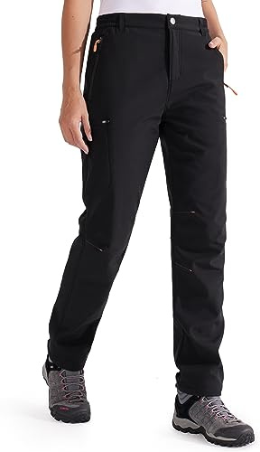 Libin Damen Wanderhose Thermohose Gefüttert Winter Outdoorhose Warme Softshellhose Wasserdicht Winddicht Skihose Trekkinghose, Schwarz XL