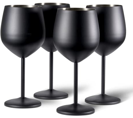 Oak & Steel - Set De Regalo De 4 Copas De Vino Negras - Copas De Fiesta De Acero Inoxidable Inastillables, 540ml