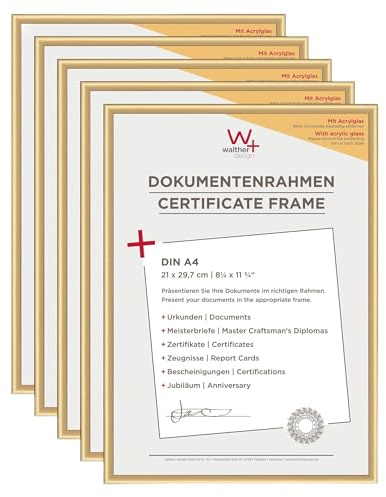 walther design Bilderrahmen gold 21 x 29,7 cm (DIN A4) mit Kunstglas 5er Pack, New Lifestyle Kunststoffrahmen KVX130G5