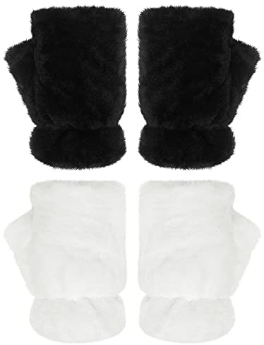 2 Pares de Guantes Peludos de Invierno Manoplas sin Dedos de Piel Sintética