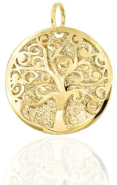 Lucchetta - Livets trädhänge i 14kt gult guld med diamanteffekt - diameter 17 mm | Ensamma hängsmycken och halsband | Damflickors smycken, gult guld