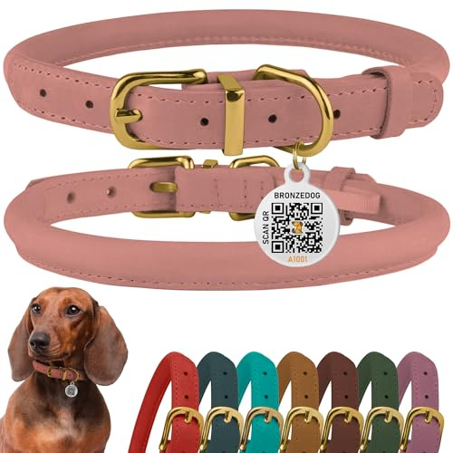 BronzeDog Collare per cani in pelle arrotolata – Design rotondo in morbida pelle cerata, previene grovigli e annodamenti del pelo, con targhetta QR ID per cani di taglia piccola, media e grande