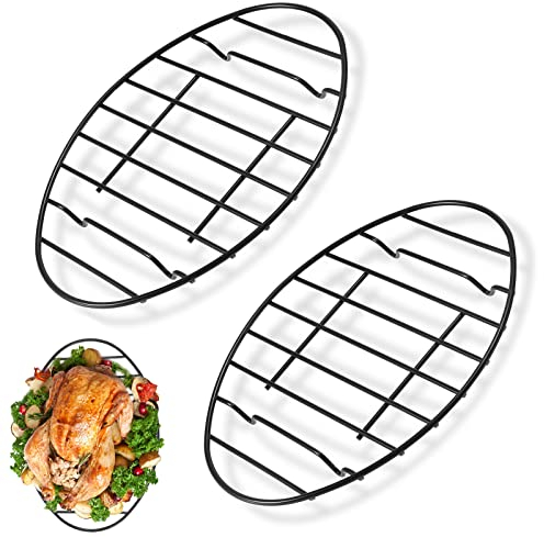 2 Pack Roasting Racks Oval Non Stick Stainless Steel Cooling Rack Grill Cooking Baking Grilling Roasting Steamer Rack Oven and Dishwasher Safe 12 x 8.5 (Black-2pack)