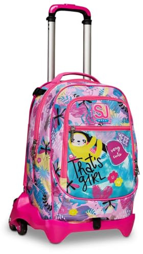 SJ Trolley Scuola Sganciabile Jack 3 Ruote, CLACK IT GIRL, Rosa - Zaino Con Carrello Sganciabile, Triplo Uso - 3 in 1, Trolley & Zaini