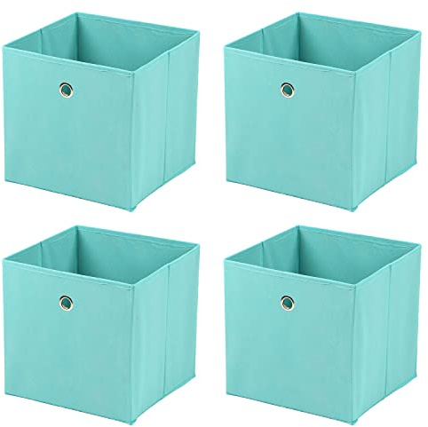 Taylor & Brown Set of 4 Large Foldable Square Storage Cubes, Fabric Organiser Canvas Cube Boxes Collapsible for Home, Bedroom, Nursery Office, Playroom Toys, 30x30x30cm (Turquoise)