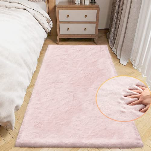 ORINOVA Teppich Läufer Schlafzimmer Flauschig Rosa 60x180 cm Fellteppich Bettvorleger Kunstfell Teppich Kinderzimmer Wohnzimmer Weich Deko Waschbar Rechteckig
