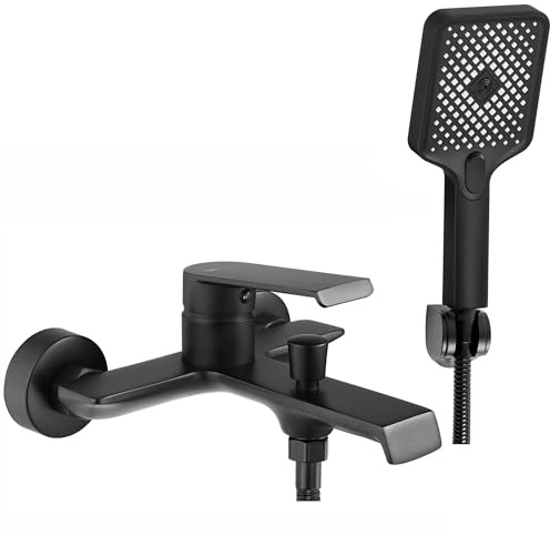 Rea Badewannenarmatur HASS BLACK Wasserhahn Badewanne Einhebel Wannenarmatur mit Handbrause Badarmatur aus Messing Mischbatterie Wandmontage (Schwarz)