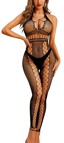 RSLOVE Damen Dessous Netz Bodystocking - Fischnetz Bodysuit Sexy Nachtwäsche Schwarz One size