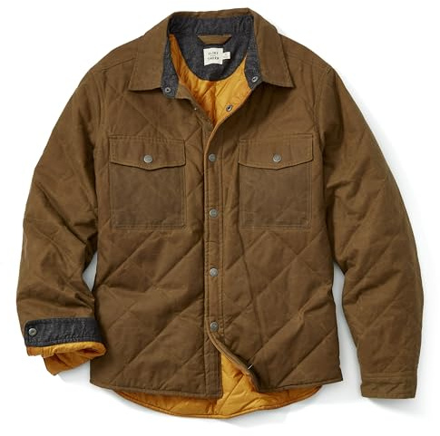 Huckberry Flint and Tinder Men's Quilted Waxed Shirt Jacket, Lightweight Waxed Canvas Shell, Brown w/Orange Lining, M