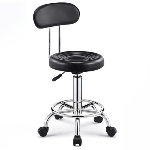 Runder Rollhocker mit Rückenlehne, Fußstütze, PU-Leder, höhenverstellbar, 360° drehbarer Hocker mit Rollen, Bürohocker, Stuhl, Zuhause, Zeichnen, Arbeit, Studio, Geschäft, SPA, Salon