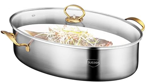 UGCER Gedämpfter Fischtopf, ovaler Suppentopf aus Edelstahl, vielseitig einsetzbares Kochgeschirr mit Gestell, Keramikpfanne und Spannfutter zum Kochen von Suppe