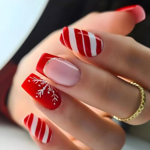 Carufin 24pcs Noël boutons pression court faux ongles rouge blanc rayé acrylique ongles mignon Moose flocon de neige ensemble complet faux ongles Noël (B)