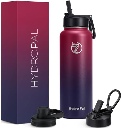 HydroPal 1,2L Edelstahl Isolierflasche,Trinkflasche mit Strohhalm 2 Deckel | BPA-frei, 24h kalt & 12h heiß Vakuumflasche, auslaufsicher Wasserflasche, Stroh- und Ausgussdeckel Sportflasche für Alltag
