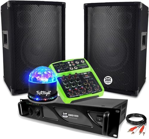Sound-Set mit 2 Lautsprechern BMS08 Verstärker DJ Pro 1000 W Mischpult MINI4, Lichtspiel Kugel LED RGB