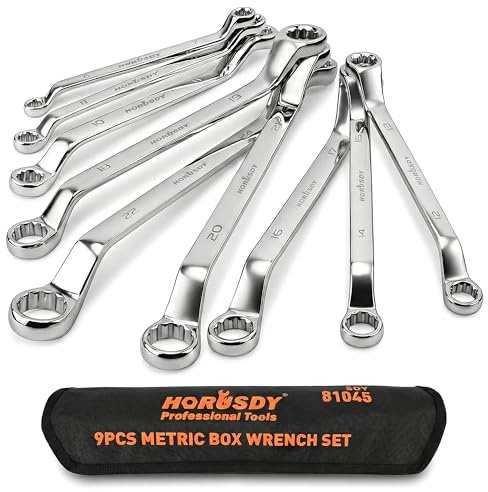 HORUSDY 9-Pieces Metric Offset Box Wrench Set with Rolling Pouch, 50-Degree, Metric 6-24mm, CR-V Steel