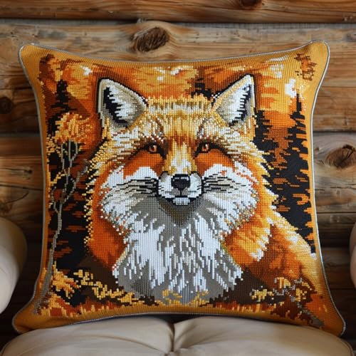 Taxpy Diy Stickpackung Kissen Fuchs Tier Knüpfkissen Kit Anfänger Erwachsene Teenager Geschenk Stickerei Heimdekoration 17x17in