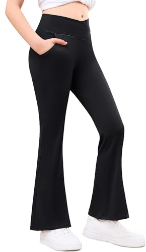 Adorel Mädchen Schlaghosen Bootcut Schlag Sport Leggings mit Taschen Yogahosen Schwarz 146 EU (Herstellergröße 150)