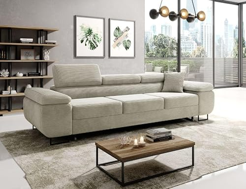 Easy4You Schlafsofa Norberg - 279 cm - Kord Creme - 3 Sitzer Sofa - Werstellbare Kopfstützen - Couch mit Schlaffunktion - Stoff: Kord Poso 100