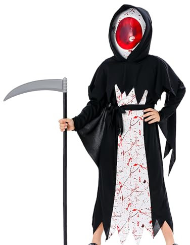 Moonlove Halloween Cosplay Devil Costume Set included Hooded Cloak,Belt,Plastic Sickle,Gloves for Children Grim Reaper Costume Fancy Dress Carnival Party