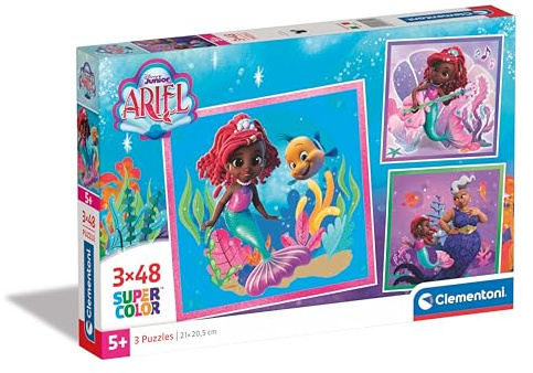 Clementoni Supercolor-Disney Ariel-3 48 stycken, barn 5 år, den lilla sjöjungfrun, utvecklar observationsförmåga, logik och manualitet, tecknade pussel, Made in Italy, 25324, flerfärgad