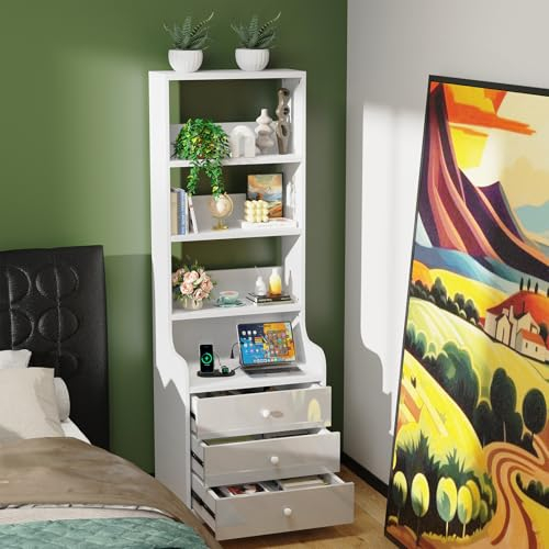 PIPIPOXER Table de Chevet avec Prise et USB Blanc Brillant avec 3 tiroirs Table de Chevet Moderne pour Salon et Chambre à Coucher - 40 x 50 x 176 cm