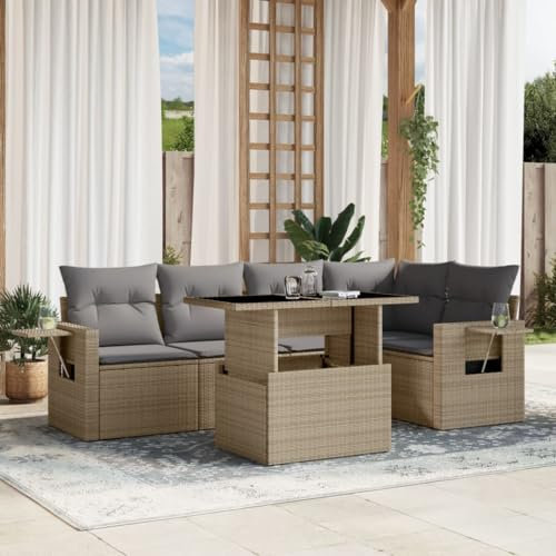 Keyroto 6-TLG Loungemöbel Outdoor Lounge Sofa Outdoor Rattan Sofa Outdoor Gartensofa Lounge Möbel Outdoor mit Kissen Poly Rattan Beige