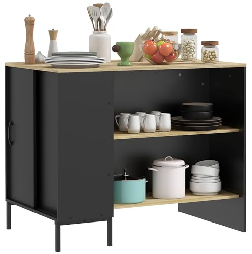 HOMCOM Buffet Bas îlot de Cuisine Meuble de Rangement avec Porte-Couteaux latéral, 2 étagères Ouvertes, 1 Placard avec Portes coulissantes, 114,5L x 70l x 90H cm, Noir