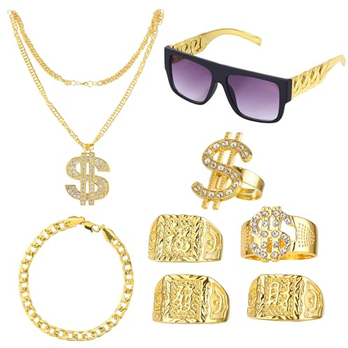 BUCOMTU 8 Stück Zuhälter Outfits, 70er 80er 90er jahre accessoires, Dollar-Halskette, goldkette kostüm, Ring mit chinesischem Schriftzeichen, goldenes Armband für die Cosplay-Karnevals-Mottoparty