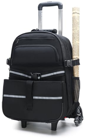 Cubstone Werkzeugtasche mit Rollen, Ingenieursrucksack mit verstecktem Helmfach und Reflektierenden Streifen, Rucksack Trolley doppelt mit Teleskopgriff und Kletterrädern - Leicht zu Klettern